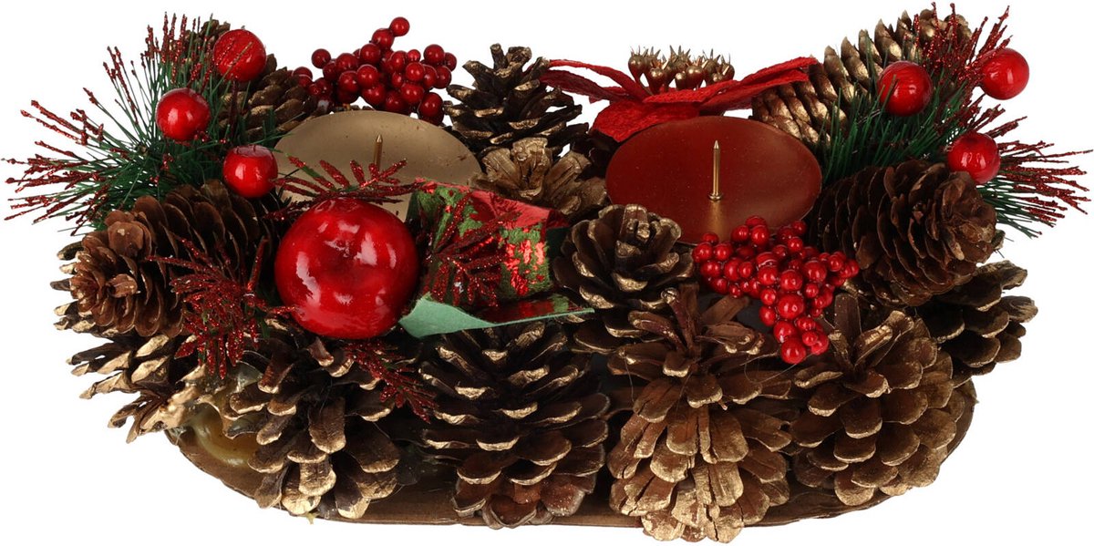 Kaarsenhouder met dennenappels, kerstdecoratie, voor 2 kaarsen