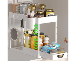 Uittrekbare kastorganizer - 2 verdiepingen - keuken - 4 haken - hangbeker - opheffen wastafel rek Wasmachine rek