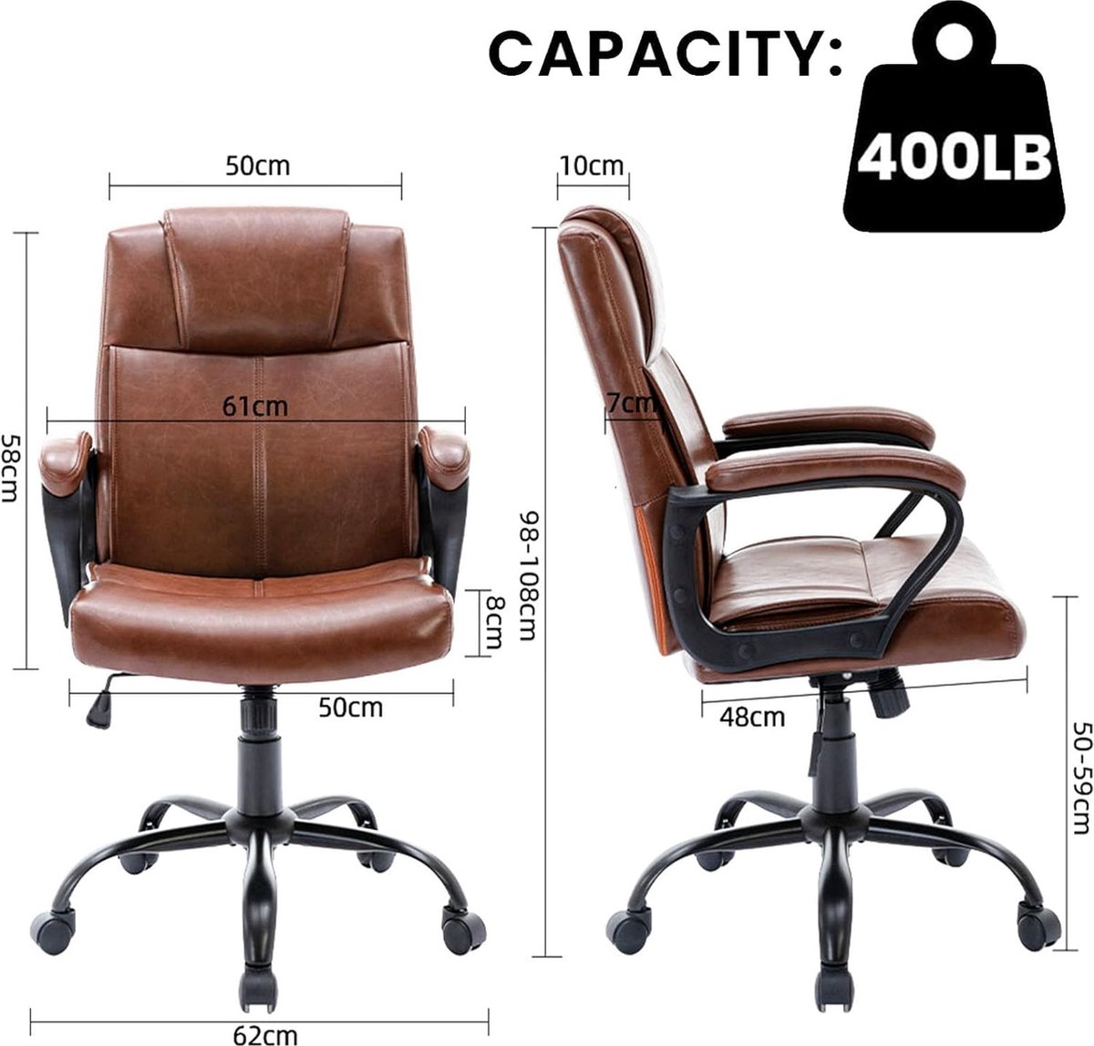 chairus Bureaustoel PU lederen fauteuil gestoffeerde thuiskantoorstoel 360 ° draaibare bureaustoel met metalen poten (bruin_1