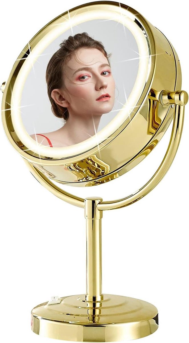 Make-up Spiegel Staand LED Verlichting 3 Kleuren - Vergrotingsspiegel 1x/5x - Goud - Tafelspiegel Verlichting - 360° Draaibare Dubbelzijdige Spiegel Ø 215 cm