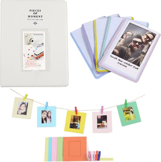 Set met wit fotoalbum, magnetische fotolijstjes en fotolijntje met Instax foto's.