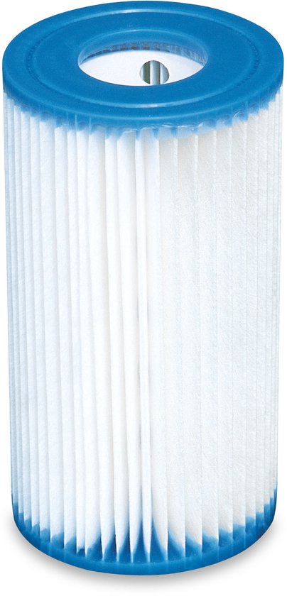 Een witte Intex Type A zwembadfiltercartridge met blauwe randen.