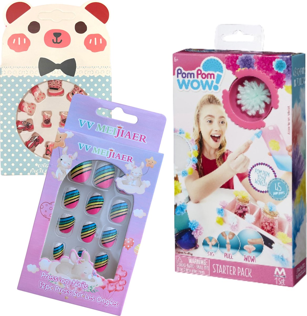 Meiji Plaknagels Duopack Set van 2 Met Gratis Pompom Knutselpakket Kinderen Geen Lijm Nodig Regenboog
