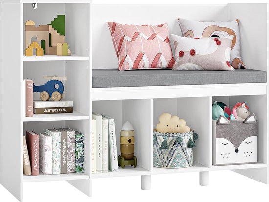 Kinderboekenkast met Speelgoedrek en Kussen, voorzien van 6 Opbergvakken. Ideaal voor Kinderkamers, Speelkamers en Kleuterscholen. Kleur: Wit, Afmetingen: 80,5 x 40 x 110 cm