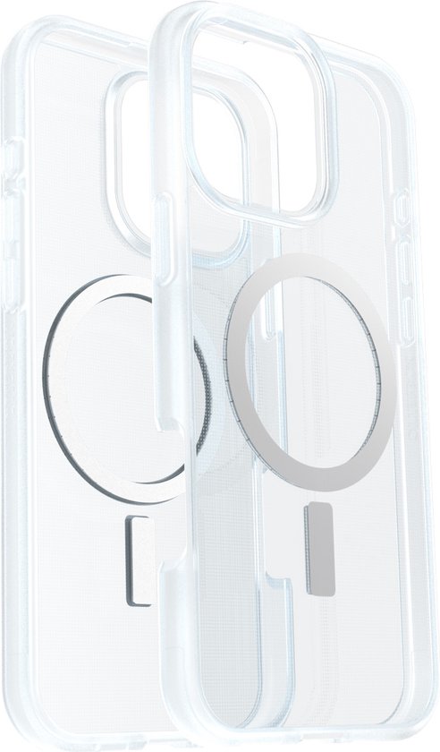 Twee transparante OtterBox React hoezen voor iPhone 16 Pro Max, met MagSafe-ring.