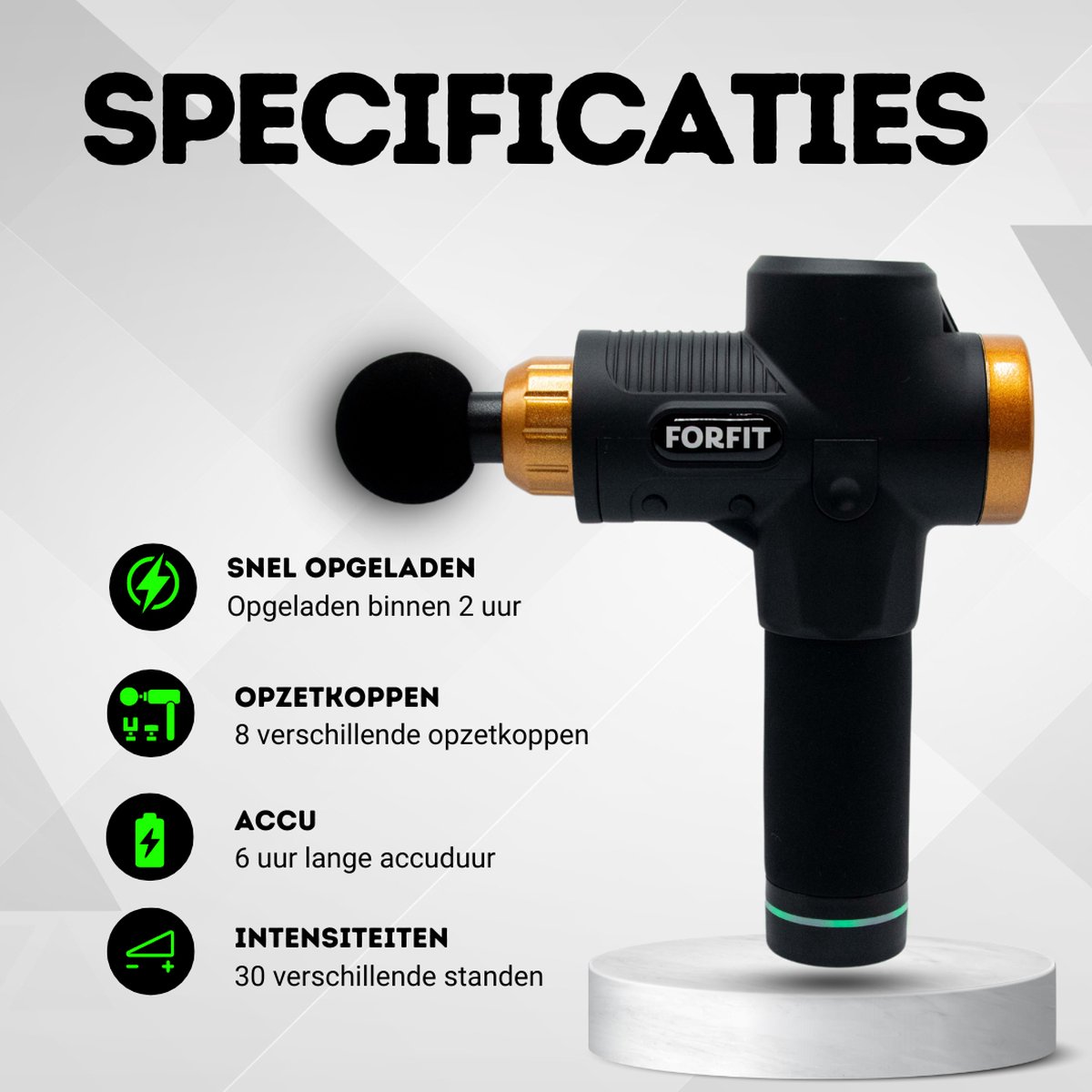 Afbeelding 2 van SALE - FORFIT Massage Gun - Black Gold-Copper – 30 Standen en 6 Opzetstukken – Draadloos en stil – Professioneel Massage apparaat- Massage Pistool