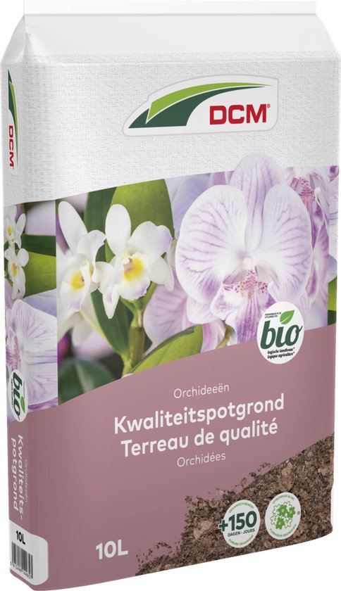 Zak DCM potgrond voor orchideeën, 2,5L, met afbeeldingen van roze en witte orchideeën.