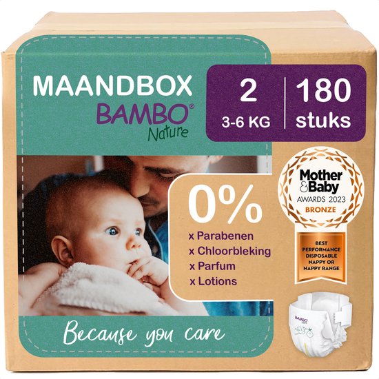 BAMBO Nature maandbox maat 2 (3-6 kg) met 180 luiers, met een vader en baby en Mother & Baby Awards 2023 Bronze.