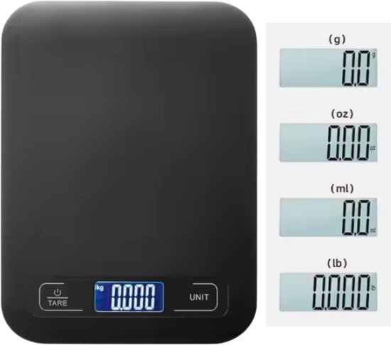 Keukenweegschaal, digitaal, 10 kg/1 g, USB-oplaadbaar, digitale keukenweegschaal met lcd-display en tarra-functie, professionele keukenweegschaal met acculaadkabel, zilverwit