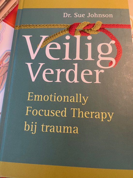 Boek 'Veilig verder' met op de kaft een groene achtergrond, witte letters en een rode en gele veter gestrikt tot een knoop.