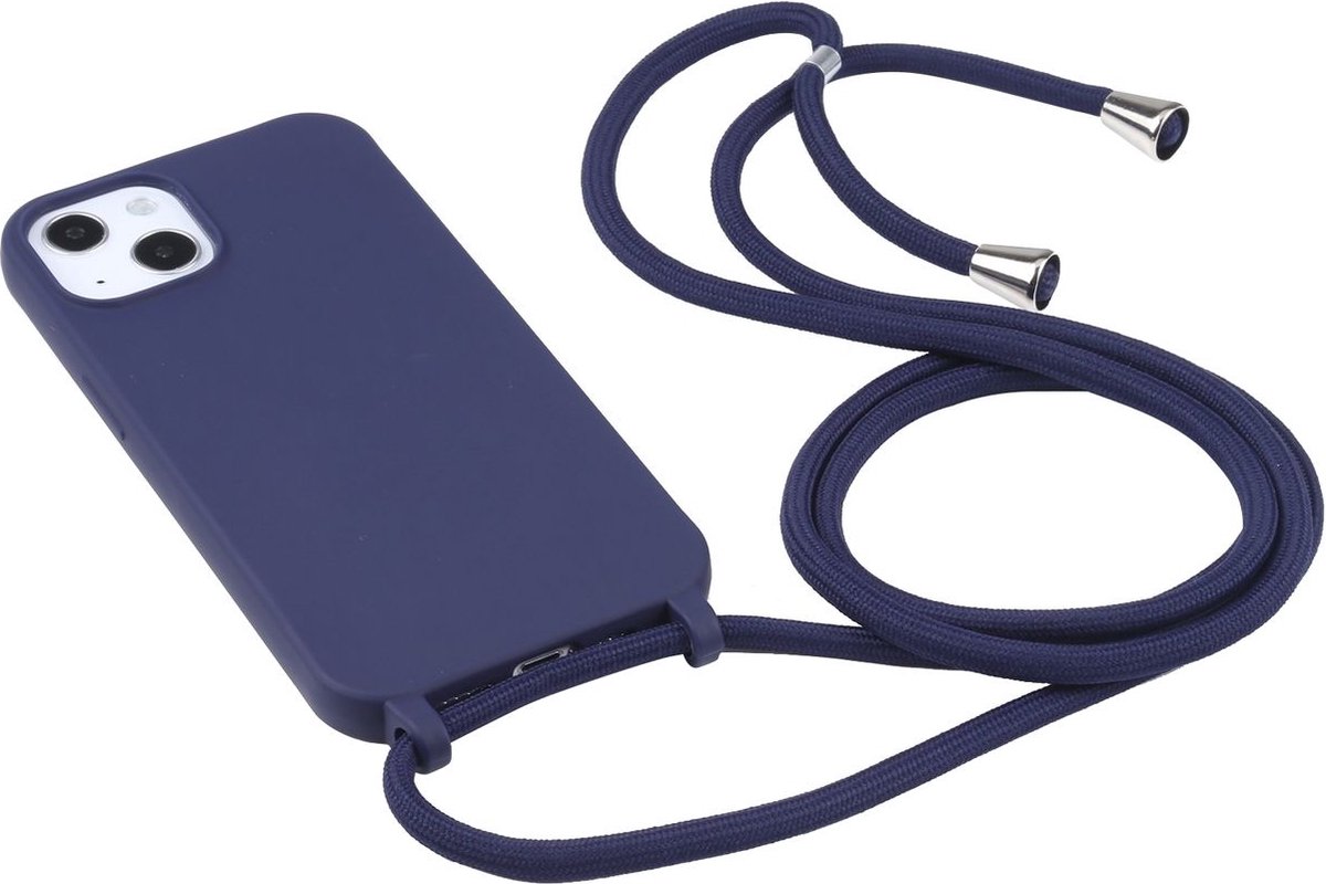 Mobigear Telefoonhoesje geschikt voor Apple iPhone 16 Siliconen | Mobigear Lanyard Hoesje met koord - Donkerblauw