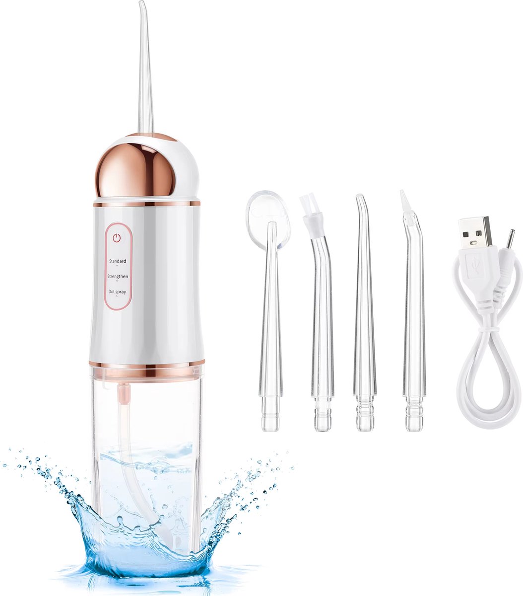 Berserk Waterflosser Flosapparaat Monddouche Elektrisch 3 standen 4 opzetstukken Draadloos Wit