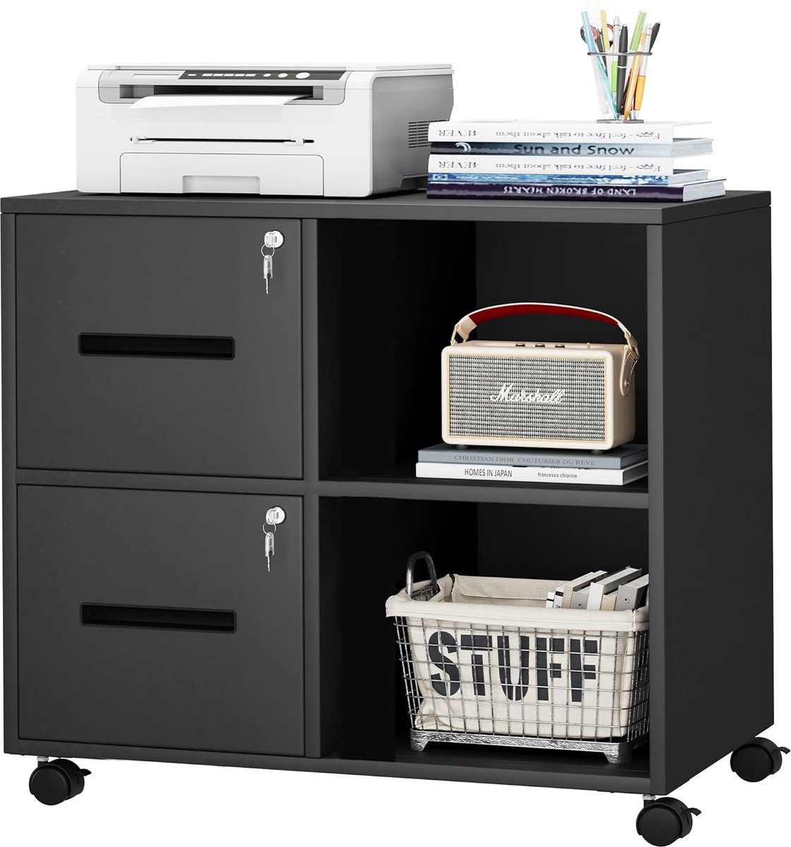 Goodivery ® Mobiele Roldende Opbergkast met 2 Lades en Wielen, Metaal, Zwart, 80 x 50 x 71 cm