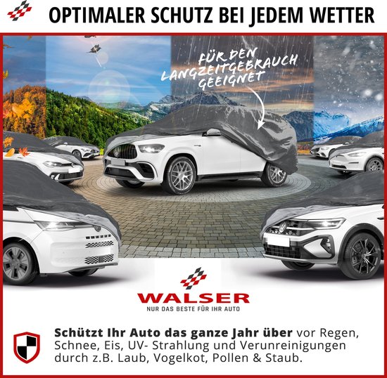 Walser autohoes biedt het hele jaar door bescherming tegen weer en vuil, met focus op pasvorm en montage.