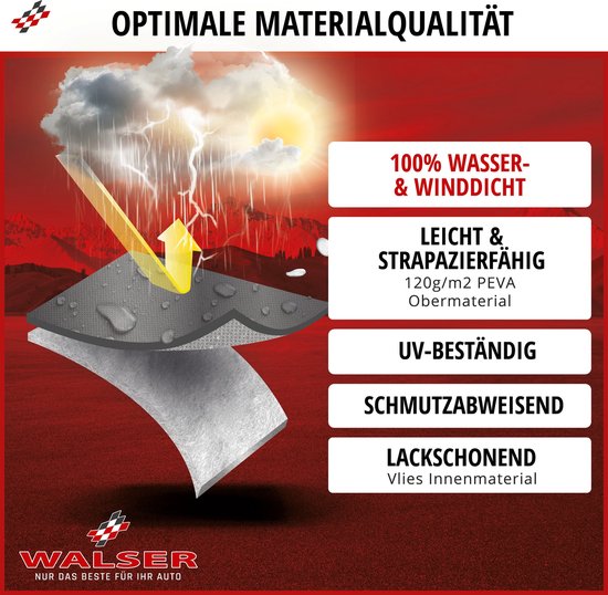 Materiaallagen van de Walser autohoes tonen waterdichte, UV-bestendige en lakvriendelijke eigenschappen.