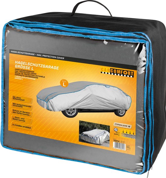 Autoverdeging in verpakking met blauwe randen. "HAGELSCHUTZGARAGE GRÖSSE L".