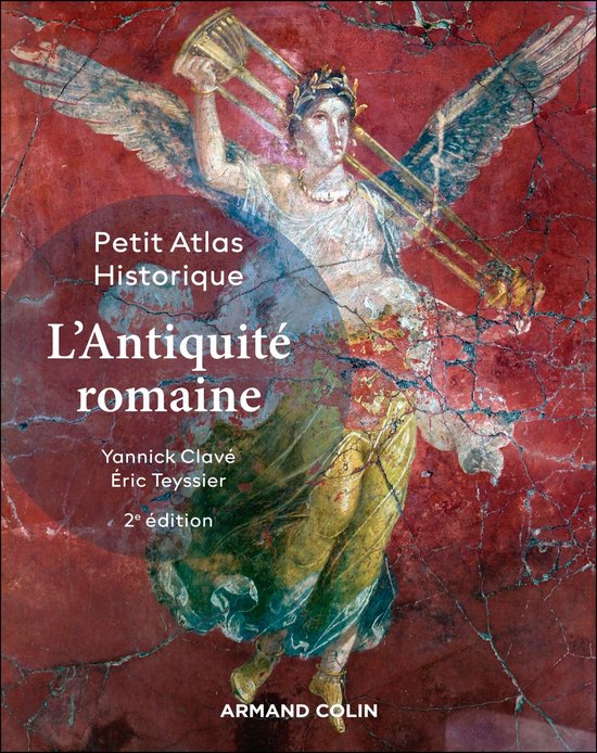 Livre 'Petit Atlas Historique L'Antiquité romaine' avec une illustration d'une figure ailée tenant des trompettes sur fond rouge-brun.