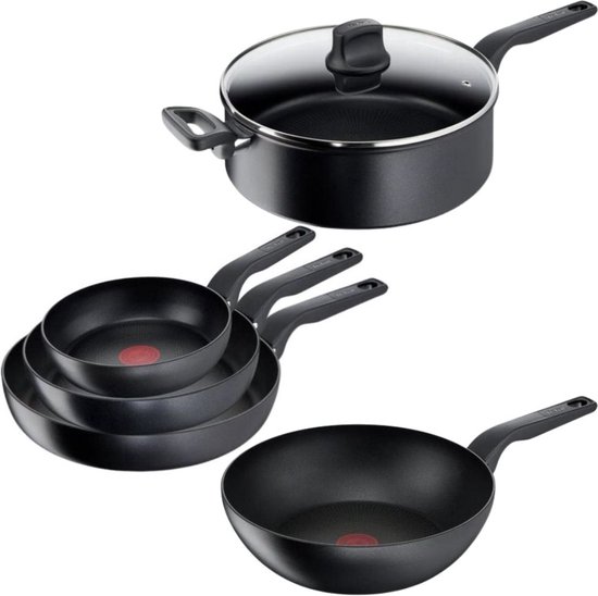 Foto: Tefal hard titanium pro pannenset koekenpannen 20 24 28cm wokpan 28cm hapjespan 28cm inductie zwart