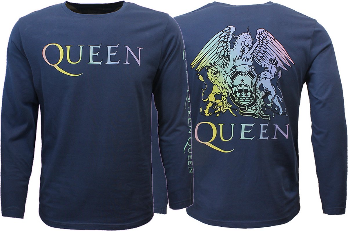 Queen Rainbow Crest Denim Blue Longsleeve T-Shirt - Officiële Merchandise - XL
