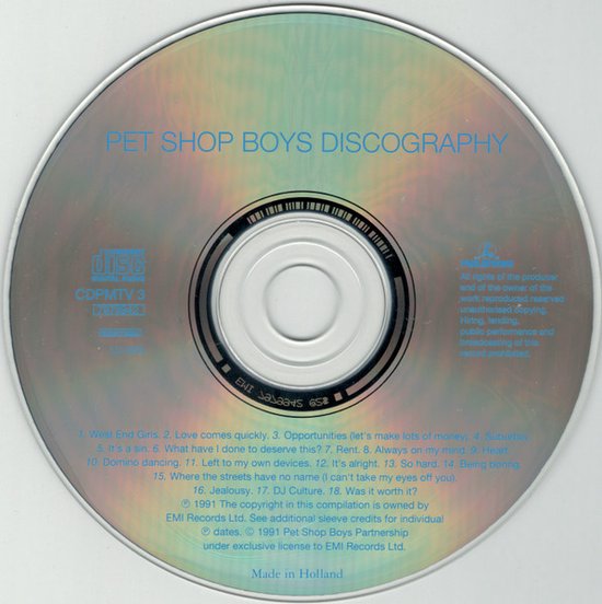 Cd met de titel "PET SHOP BOYS DISCOGRAPHY". Onder de titel staat een lijst met songtitels. De tekst "Made in Holland" staat onderaan.
