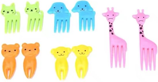 Een set van 10 dierenprikkers in de vorm van groene katten, blauwe honden, oranje beren, gele poezen en roze giraffen.