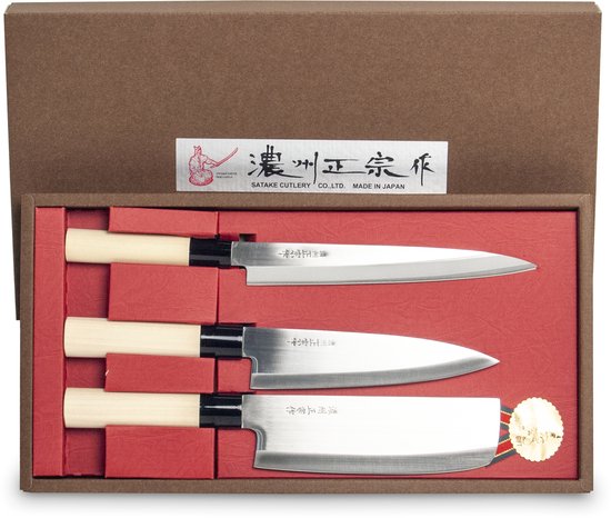 Foto: Satake houcho japanse messenset voor de keuken 3 delig sashimi santoku en nakiri lemmet van roestvrij staal extreem scherp licht in gewicht