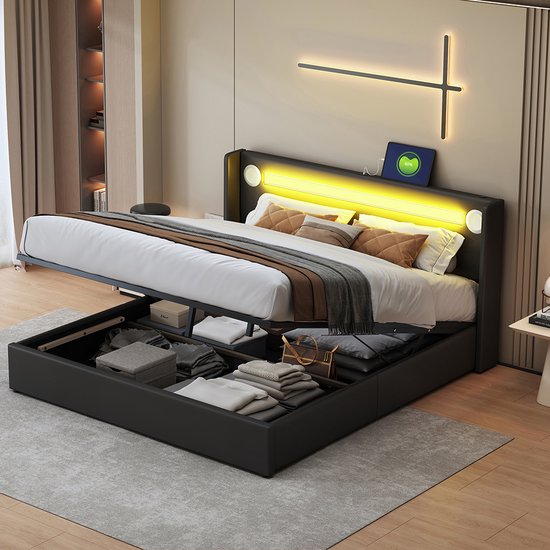 Lit Coffre Rembourré 140x200cm Avec LED Et Port De Charge En Tissu De Lin Avec Sommier A Lattes Gris