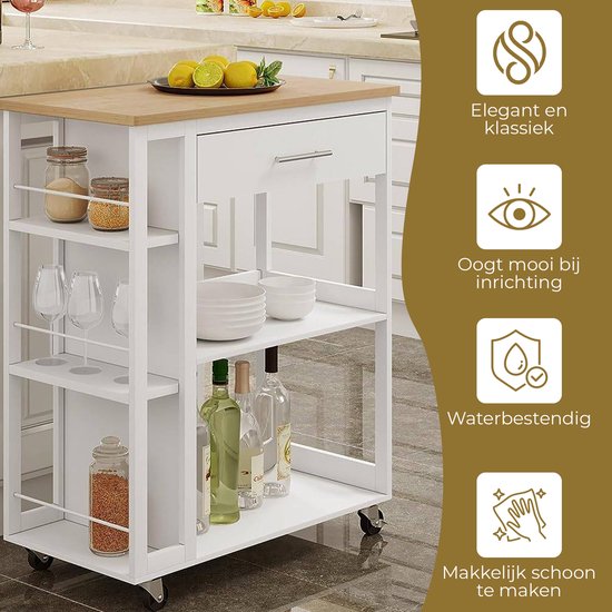 BukkitBow - Desserte de Cuisine avec plan de travail - Desserte de cuisine sur roulettes - Avec tiroir et Planches ouvertes - Avec frein pour les roulettes - Armoire d'épicerie mobile / Support de rangement
