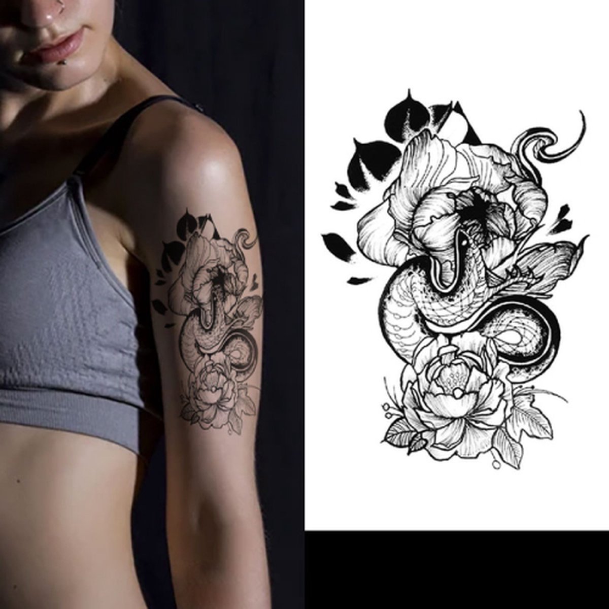 Temporary Tattoo Bloemen/Slang (A5 formaat) [Neptattoo - Tijdelijke tatoeage - Nep Fake Tattoos - Water Overdraagbare Sticker Henna - Glitter Tattoo Set - Plak Tattoos - Nep Tatoeage - Festival Tattoes]