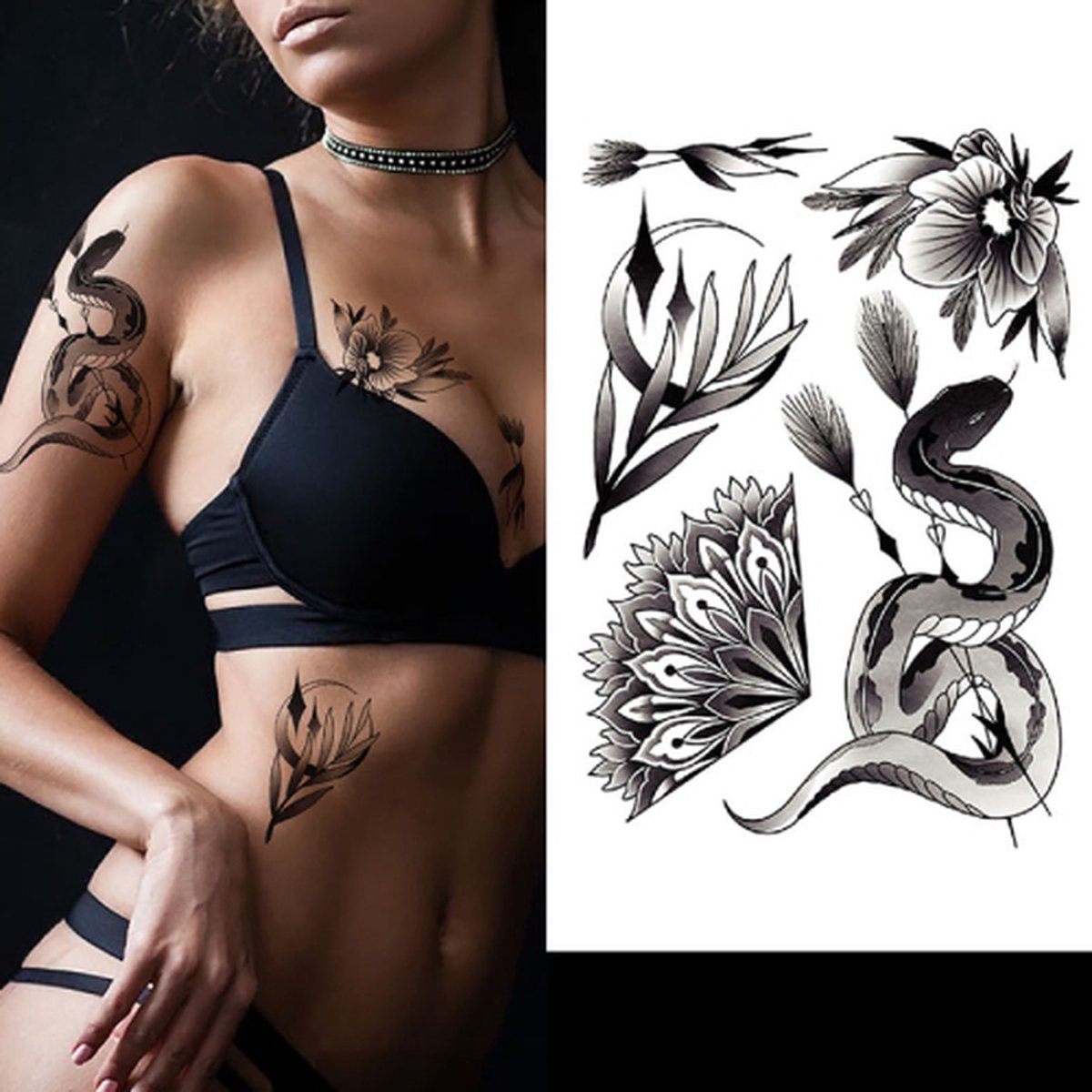 Temporary Tattoo Slang met Bloemen (A5 formaat) [Neptattoo - Tijdelijke tatoeage - Nep Fake Tattoos - Water Overdraagbare Sticker Henna - Glitter Tattoo Set - Plak Tattoos - Nep Tatoeage - Festival Tattoes]
