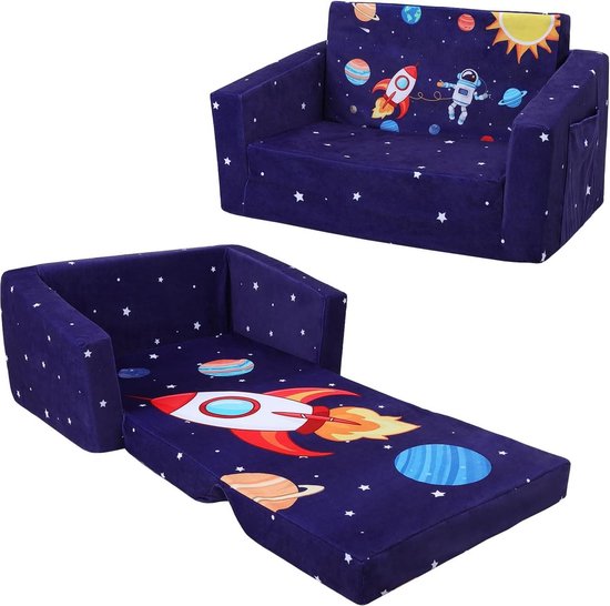 Opvouwbare kinderslaapbank - stabiele 2-in-1 babybedbank met stoffen zak - comfortabele lichte stoelbank - raketten voor slaapkamer speelkamer Kinderbed