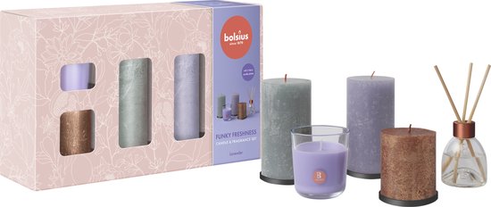 Bolsius - Set de Bougies rustiques - Set de Geur - Ensemble cadeau - Fraîcheur funky - Lavande