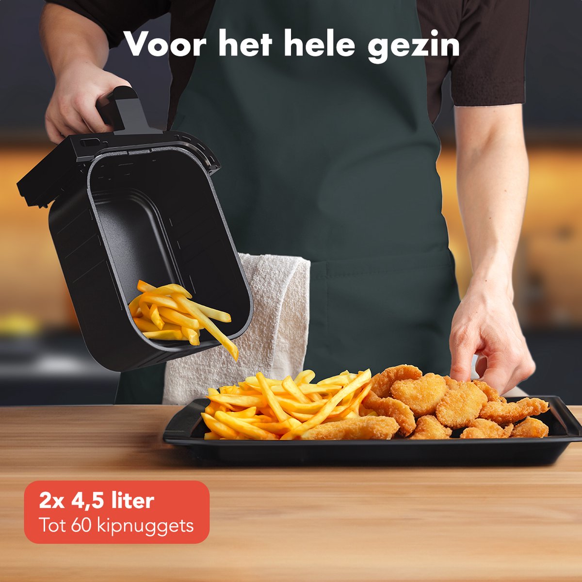 Airfryer XXL KitchenBrothers 2400W 9L Dubbele Mand Heteluchtfriteuse 10 Programma's Dual Zone Zwart - Afbeelding 5