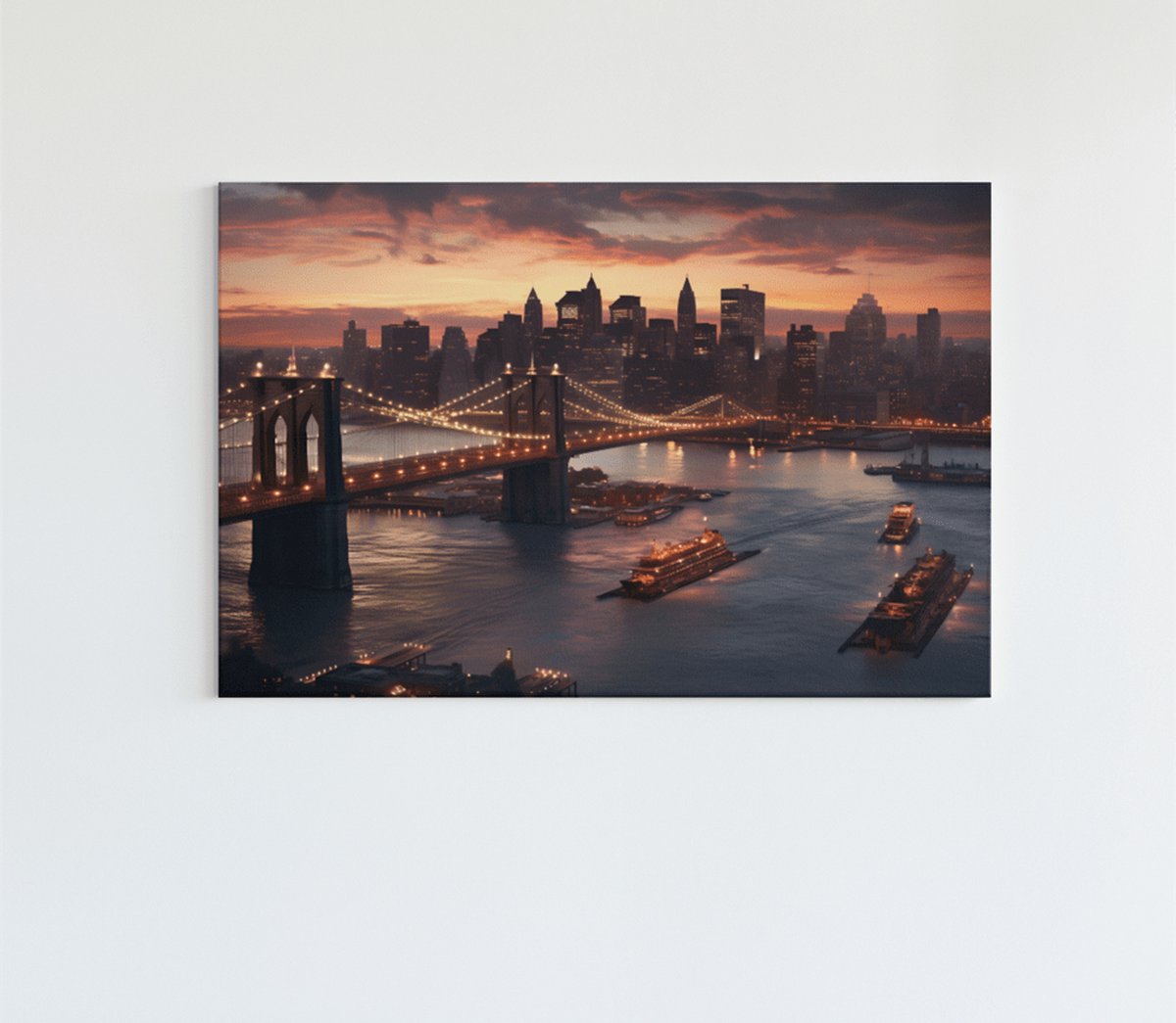 Trendex Global Canvas Schilderij - New York City - Night - Wanddecoratie - 60x40x2 cm Bruin
