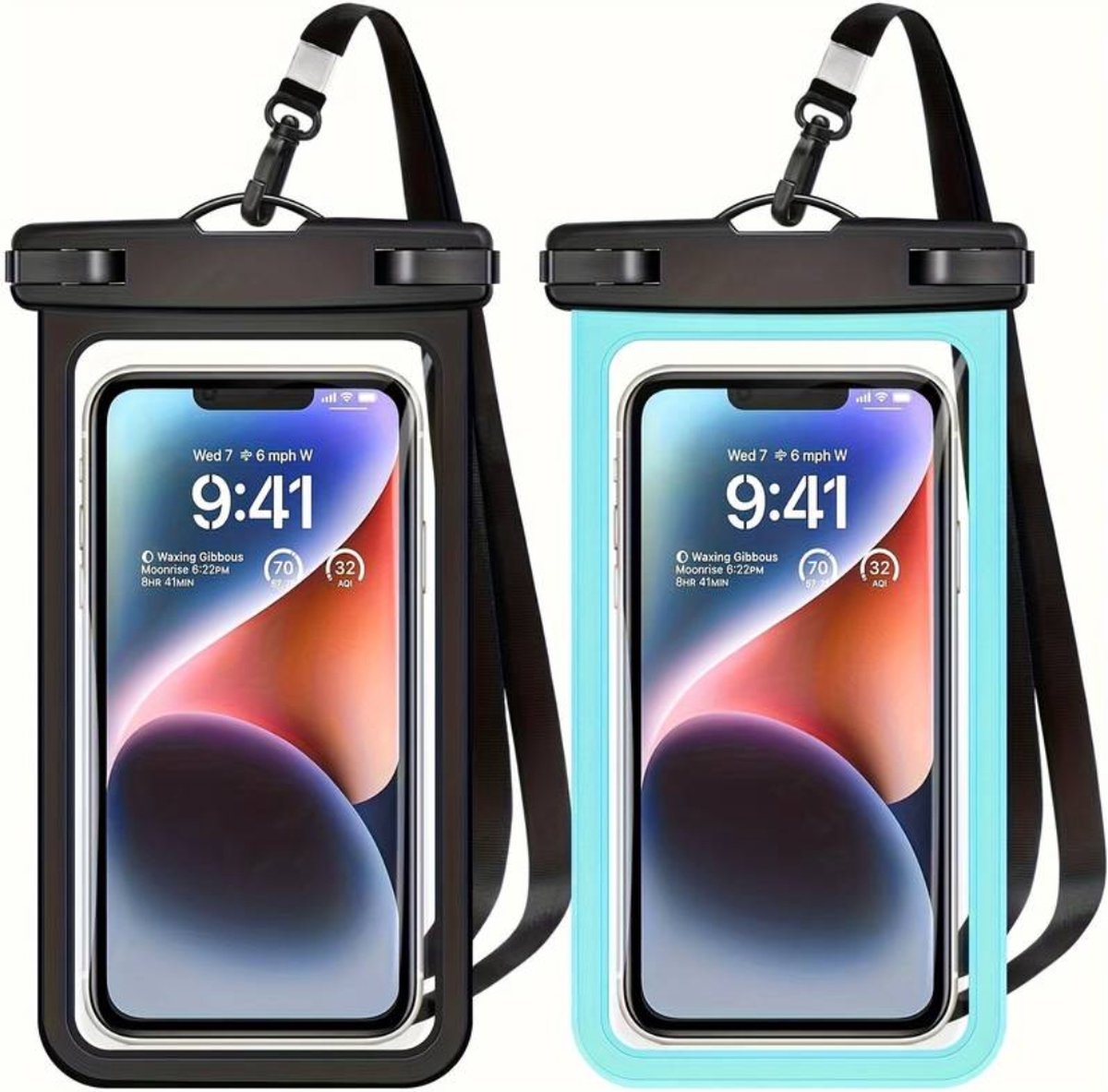 Nivard Waterdichte Telefoonhoesjes - Waterdicht Telefoonzakje - Waterproof Festival Opbergtasje - Documententasje - Waterbestendig - Zwart & Blauw - 2 Stuks