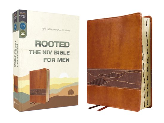 Bruine NIV Bijbel voor mannen, 'Rooted', met leathef-look kaft en decoratieve band.