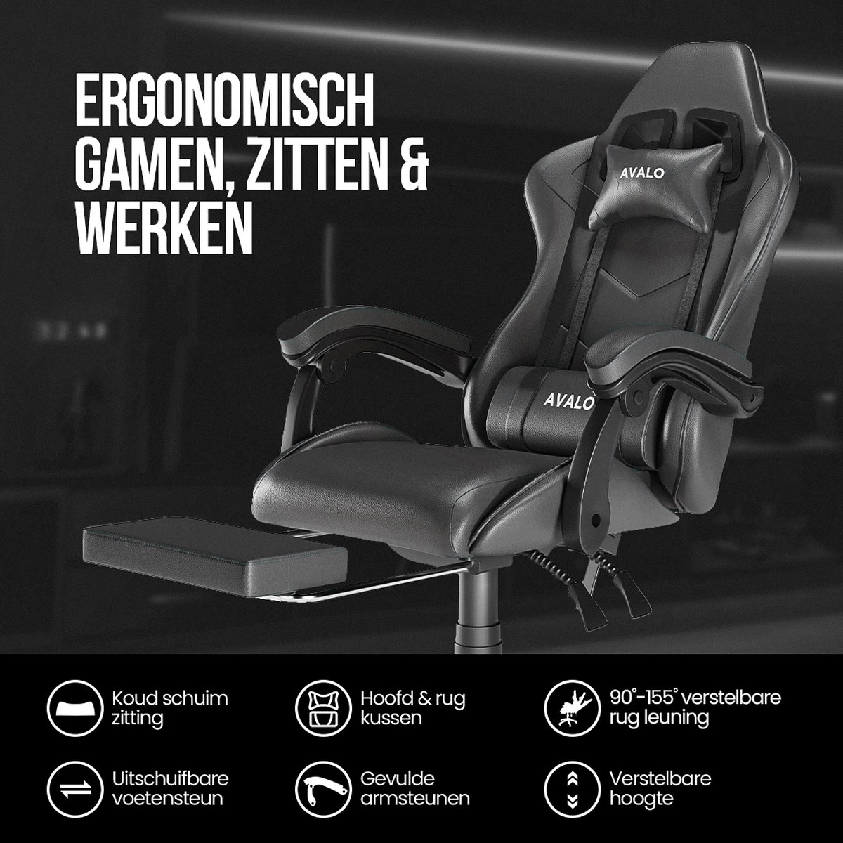 Afbeelding 2 van Avalo Gaming Stoel - Gamestoel - Ergonomische Bureaustoel Verstelbaar - Game Stoel - Gaming Chair - Zwart