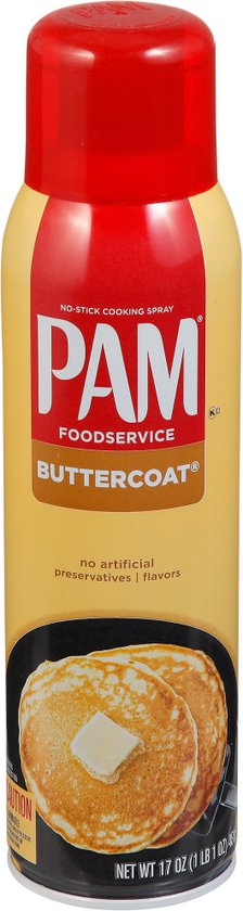 PAM Foodservice Buttercoat kookspray met rode dop en afbeelding van pannenkoeken.