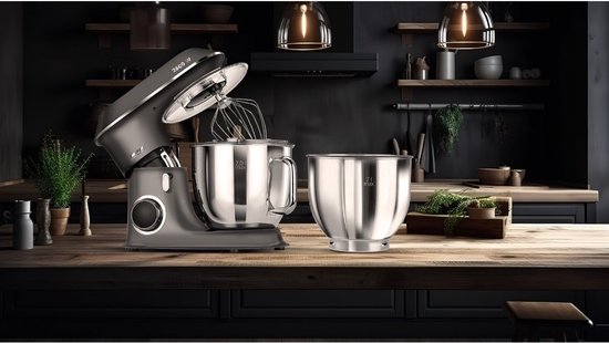 MPM Planetaire Keukenmachine met Accessoires - Keukenmixer met Twee Mengkommen van 7L - Keukenrobot - 2600W - Antraciet van Merkloos — afbeelding 4