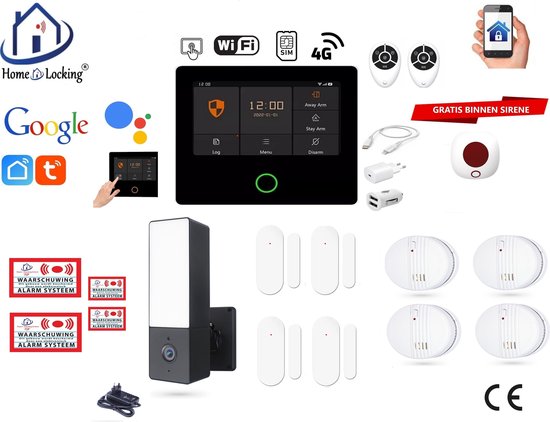 Home Locking-alarmsysteemkit met touchscreen bedieningspaneel, camera, sensoren, sirene, afstandsbedieningen, en smartphone.