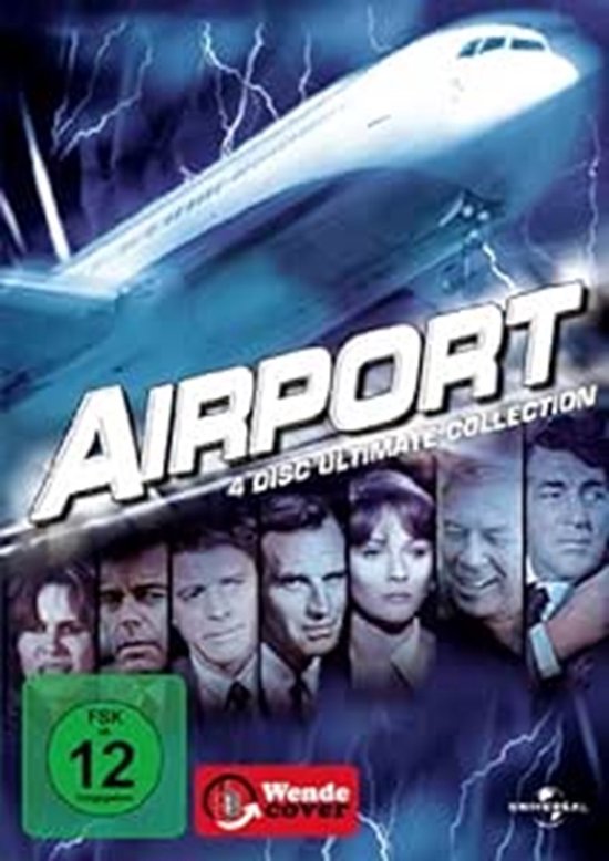 DVD-hoes met een vliegtuig en gezichten van acteurs, met de tekst 'AIRPORT 4 DISC ULTIMATE COLLECTION'.