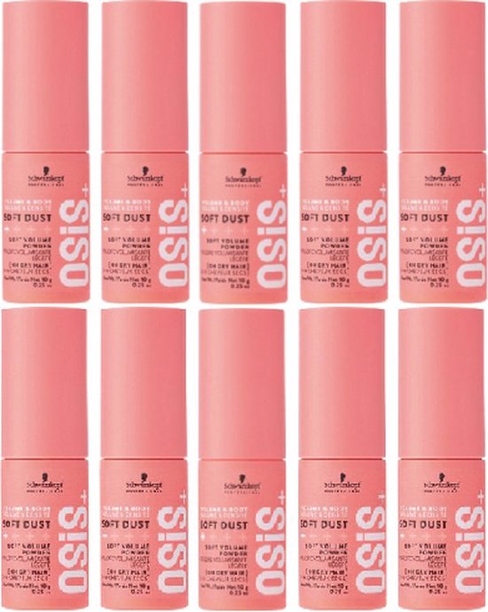 Tien flacons Schwarzkopf OSiS+ Soft Dust textuur volumepoeder in een voordeelverpakking, 10x10g. De flacons zijn roze met witte letters.