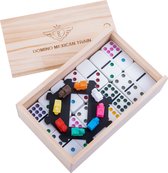 Domino Dubbel 9 Mexican Train – 55 Stenen met Gekleurde Ogen – Inclusief Station & Treintjes – Houten Kist met Schuifdeksel – 50 x 25 mm – Gezelschapsspel – Engelhart
