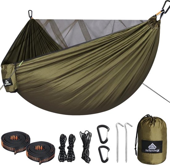 Hangmat met klamboe - 300 kg draagvermogen - ademend en sneldrogend - 290 x 140 cm - parachute-nylon - complete accessoires - Eenvoudig op te zetten - reishangmat voor buiten, binnen, tuin