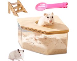 Hamsterkooi Transparante acryl-zandbadkamer met ladder en natuurlijke houten afdekking - Gerbils driehoek