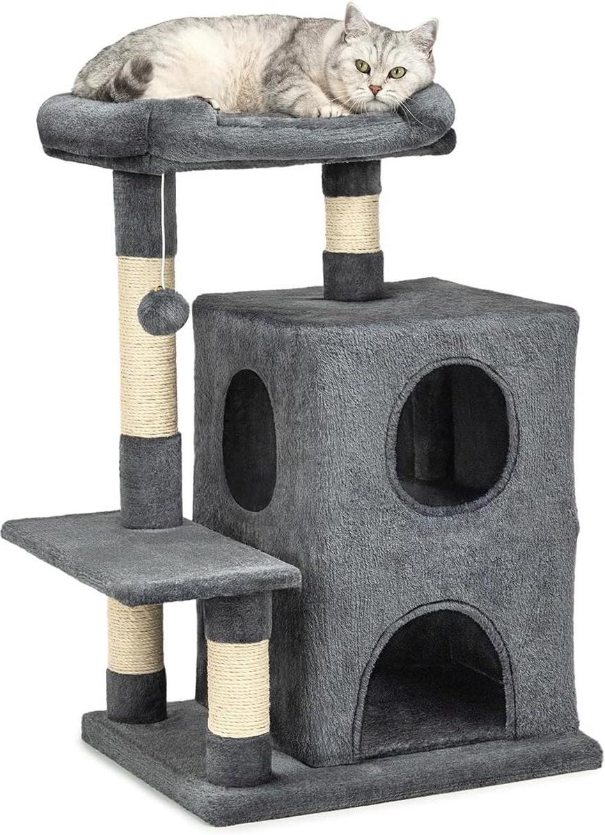 Krabpaal 2 grotten & comfortabele ligplaats – Hoogte 80 cm kattenboom – Pluchen bal – Sisaltouw – Pluche – Geschikt voor kleine & grote katten – Donkergrijs