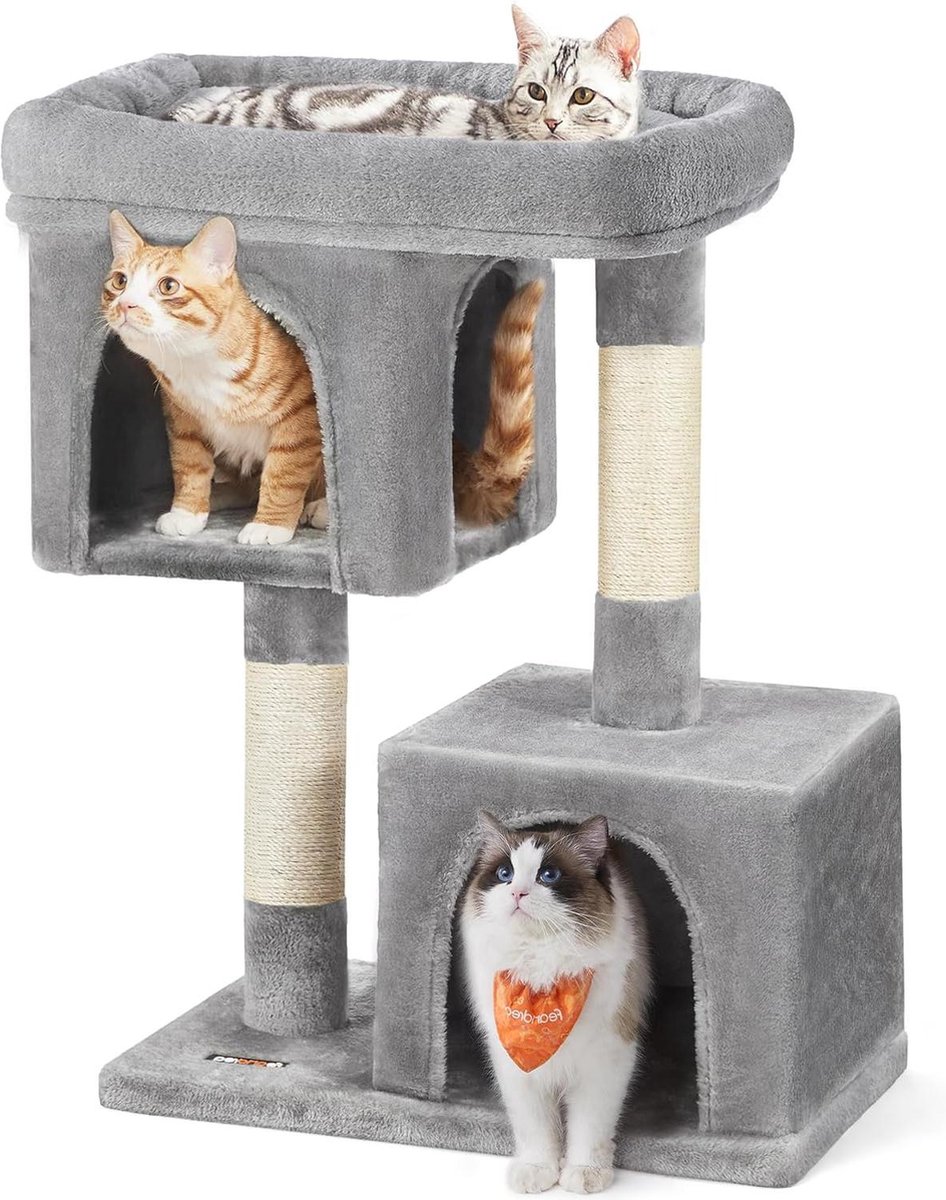 Krabpaal met Sisal-Covered Krabpalen – 2 Pluche Condos Kattenmeubelen – Lichtgrijs PCT61W