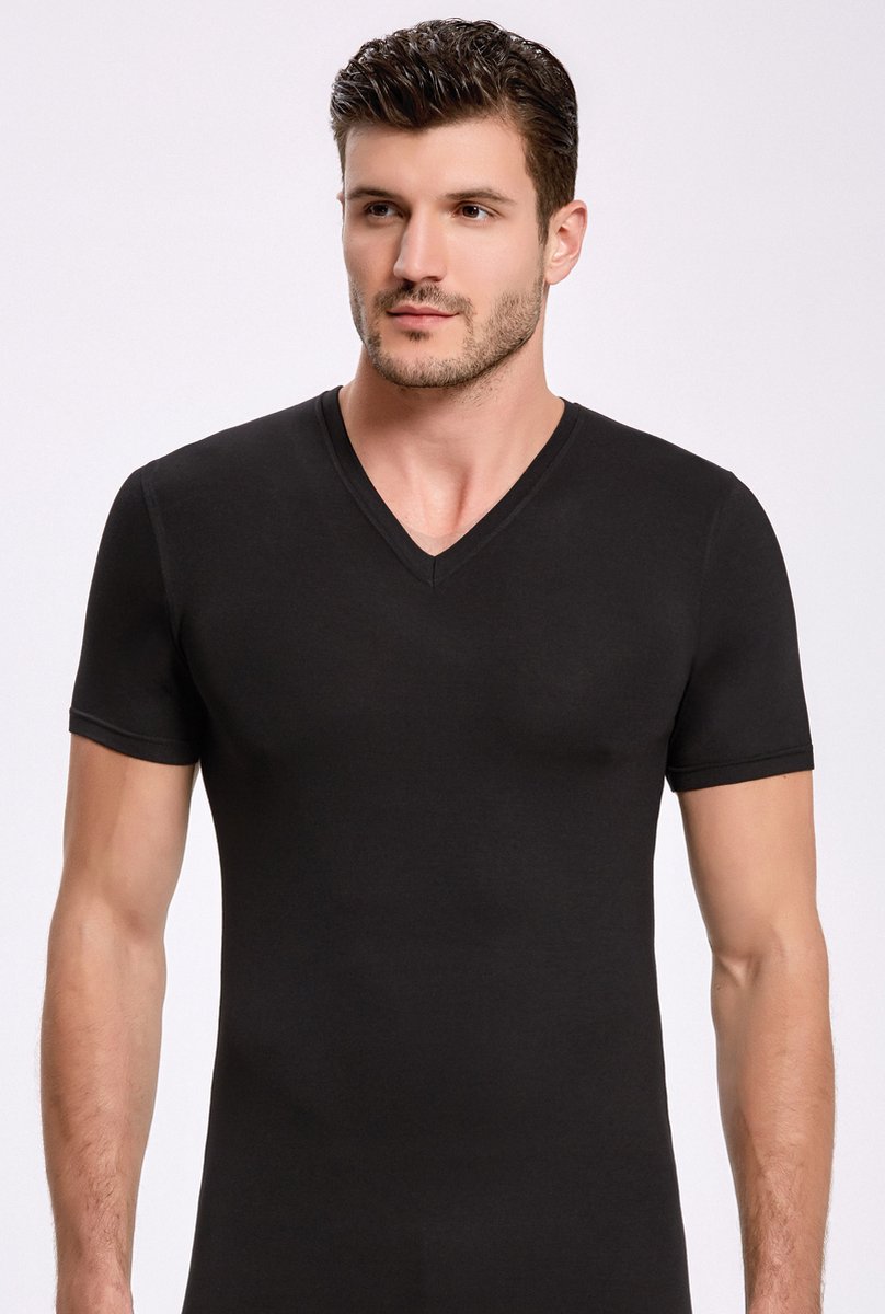 ilke® Bamboe Heren T shirts Met V Hals - Zwart - M