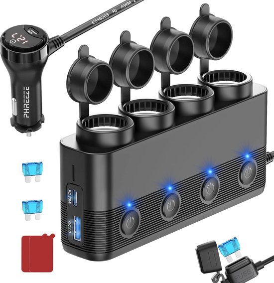 216W Auto Sigarettenaansteker Splitter – 24V 12V USB Autolader Adapter – USB-C Auto Oplader met 7 Aansluitingen – 3 USB Poorten – Omvormer / Verdeler – Autoladers – Autostekker