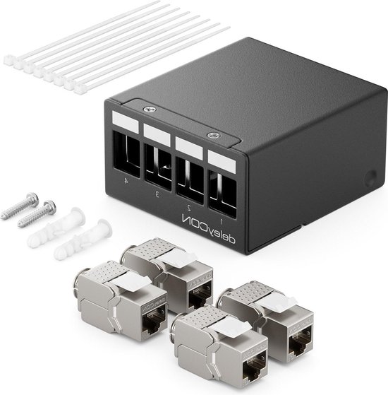 deleyCON 8-Poorts Patchpanel Set Patch Field 1HE 8x RJ45 Keystone Jack Module STP CAT6a Compatibel met Installatiekabels CAT5 CAT6 CAT6a CAT7 Netwerkkabel Ethernet LAN DSL - Grijs